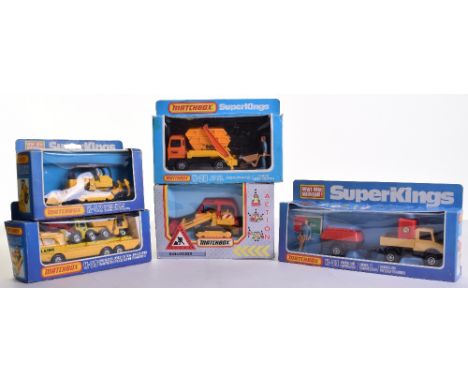 Four Matchbox Superkings,K-28 Bedford Skip Truck, orange cab ‘Hales’K-30 Unimog and compressor ‘MJ’ complete with decal sheet