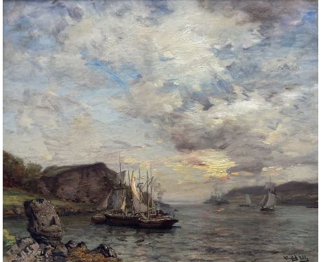 James Campbell Noble RSA (Scottish 1846-1913): Shipping at Sunset, oil on canvas signed 50cm x 60cmCondition Report:Very good