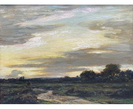 Arthur A Friedenson (Staithes Group 1872-1955): 'On Stoborough Common - Evening', oil on panel signed, titled verso 26cm x 35