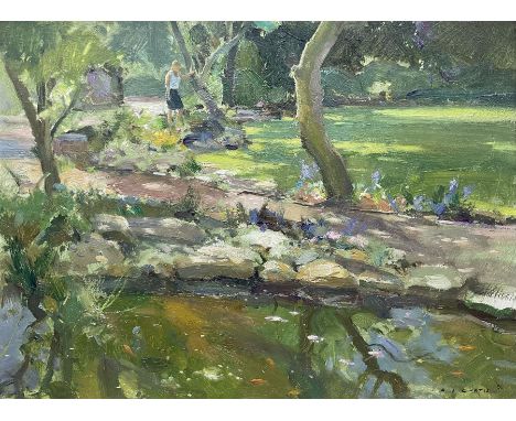 David Jan Curtis (British 1948-): The Garden Pond with Goldfish, oil on panel signed 29cm x 39cmCondition Report:Very good co