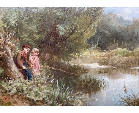 Henry Le Jeune ARA (British 1819-1904): Children Fishing, oil on panel signed with monogram and dated 1887, 26cm x 36cmCondit