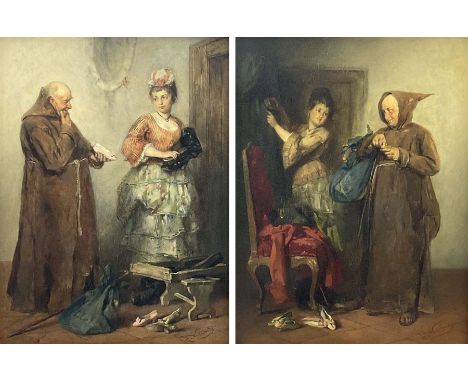 Joseph Emanuel Weiser (German 1847-1911): 'A Pretty Slipper' and 'A Pinch of Snuffe', pair oils on panel signed, titled on pl