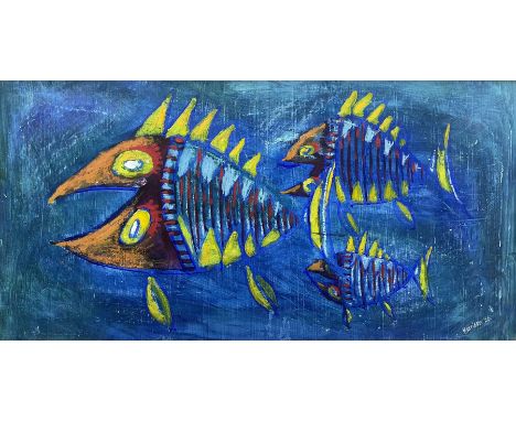 Edward Hardy 'Ted' Harrison (Canadian 1926-2015): Three Fish, oil on board signed and dated '66, 31cm x 61cmProvenance: gifte