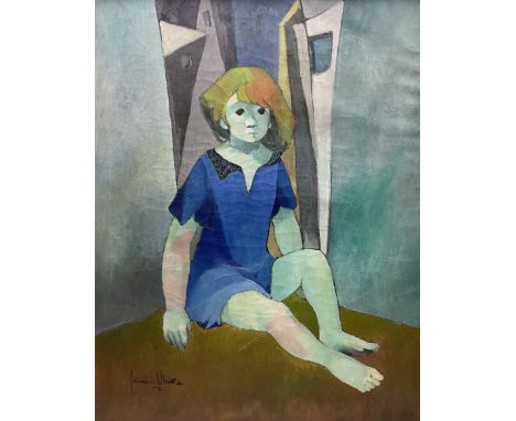Senen Ubi�a (Spanish 1923-): Young Girl Seated, oil on canvas signed and dated '53, 90cm x 70cmCondition Report:Good conditio