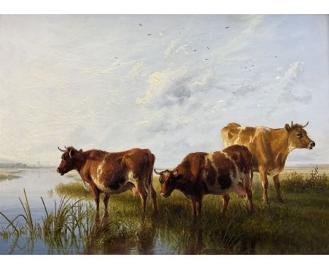 Thomas Sidney Cooper (British 1803-1902): Cattle Watering, oil on board signed and dated 1893, further signed and dated verso