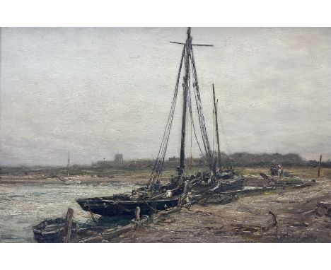 Owen Bowen (Staithes Group 1873-1967): Barges at the Riverside, oil on canvas signed and dated 1909, 40cm x 60cmCondition Rep