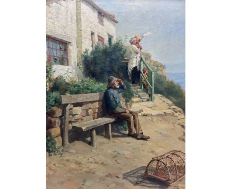 Ralph Hedley (Staithes Group 1851-1913): Waiting for the Boats at Runswick Bay, oil on canvas signed and dated 1889, 68cm x 5