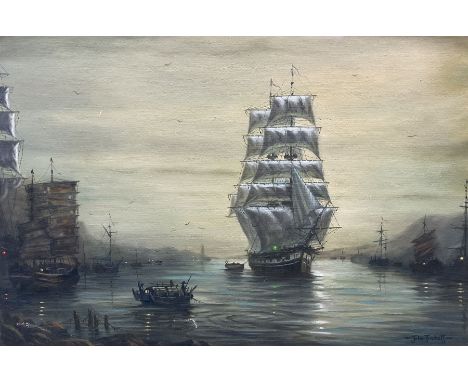 John Trickett (British 1952-): 'Evening Calm' - A Tea Clipper in the Anchorage Foochow, oil on canvas laid on board signed, t