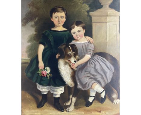 English Primitive / Na�ve School (19th century): Two Girls with their Dog, oil on canvas unsigned 104cm x 90cmCondition Repor