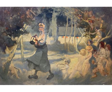 Richard Edward Clarke (British 1878-1954): 'The Haunted Orchard', oil on panel signed, original title label with artist's Sca