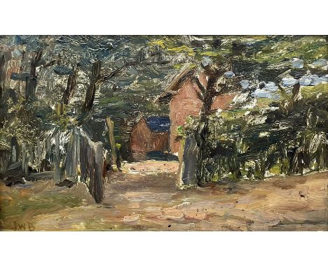 James William Booth (Staithes Group 1867-1953): A Gate at Runswick Bay, oil on board signed with initials 13cm x 21cm