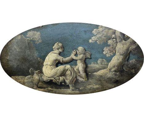 Circle of Jacob De Wit (Dutch 1695-1754): Aphrodite and Eros, oval oil on 18th century oak panel unsigned 22cm x 43cm (unfram