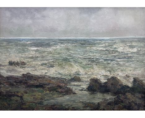 John Falconar Slater (British 1857-1937): Waves Breaking on a Rocky Shore, oil on panel signed 54cm x 74cmCondition Report:Ge