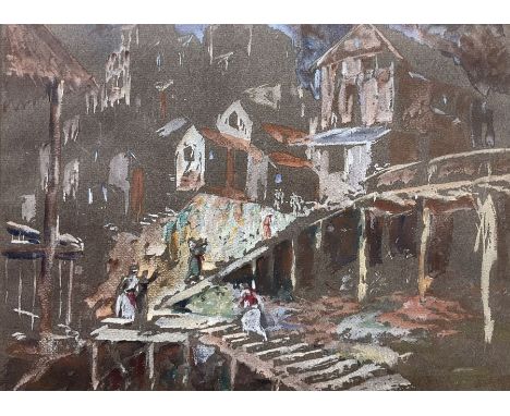 Attrib. Sir Frank Brangwyn RA (British 1867-1956): Eastern Landscape with Figures Climbing Steps to Huts on Stilts, watercolo