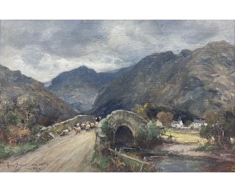 Owen Bowen (Staithes Group 1873-1967): Sheep Crossing a Stone Bridge in the Lake District, oil on canvas signed and dated '07