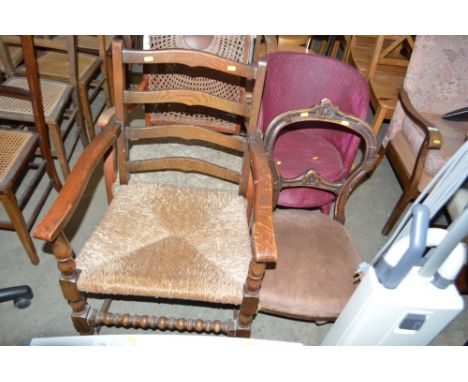 An oak ladder back chair; together with a mahogany bar back chair and a Loom chair