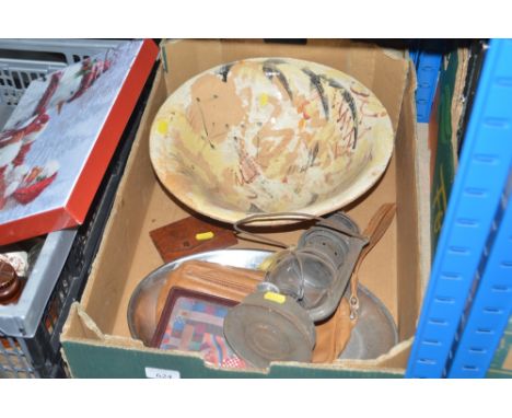 A Studio pottery bowl; together with a hurricane lamp etc