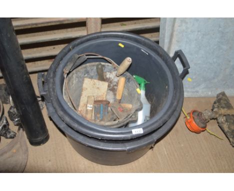 Three plastic tubs; two buckets and contents of various tools etc