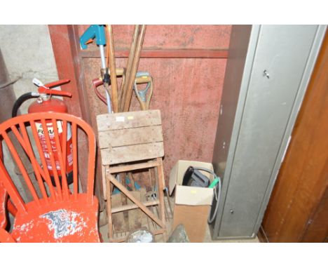 A folding set of steps; together with a quantity of hand tools; a sprayer and a tin of various nails