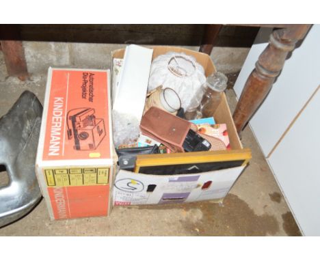 A projector in original box; and a box of various sundry items 