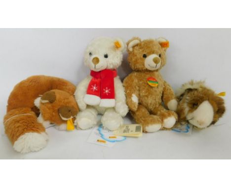 Four modern Steiff bears and animals, to include a Steiff curled fox, with yellow label to ear, a Steiff hamster, with yellow