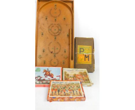 A quantity of vintage games and jigsaws, to include a plywood Victory jigsaw puzzle, the Game for Everybody, a cribbage board