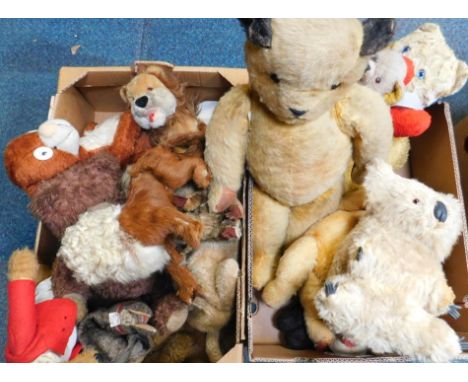 Teddy bears and toys, to include teddy bears, fox figure, donkey puppet, lion, koala bear etc. (2 boxes)