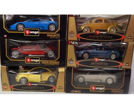 Various Burago 1:18 scale die cast vehicles, to include Alfa Romeo, 8C2300, 24cm wide, Volkswagen Beetle, in gold colour, etc