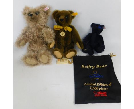 Three modern Steiff bears, to include growler, with white Steiff label and elephant brass button to ear, a 1909 classic teddy