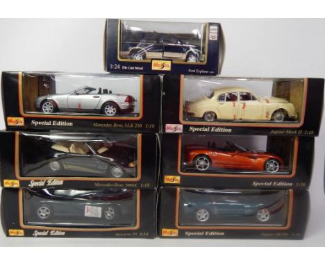 Various Maisto die cast vehicles, to include 1:18 scale Jaguar mk II, in cream, 23cm wide, various other scales, etc (qty, bo