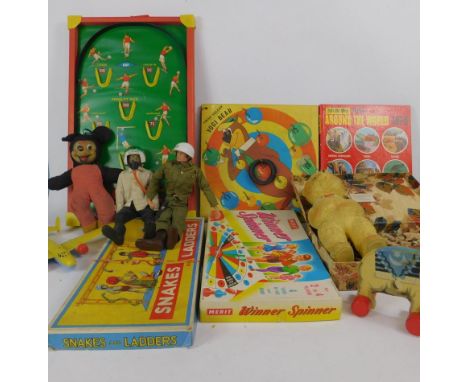 Various vintage toys, to include Chad Valley Yogi Bear hoop game, Hot Wheels hand shift power booster and track, a teddy bear