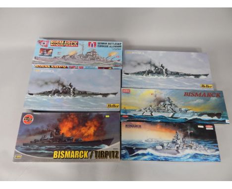 Various scale model kits including Academy, Hella, Airfix and others, to include Bismarck 1/350th scale, in original cellopha