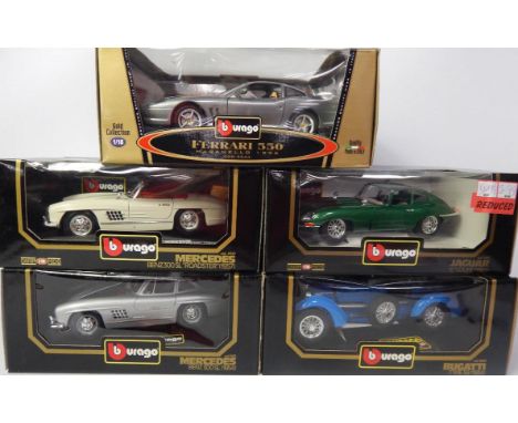 Various Burago die cast vehicles, to include 1:18 scale gold collection Ferrari 550 Maranello, in silver colourway, 24cm wide