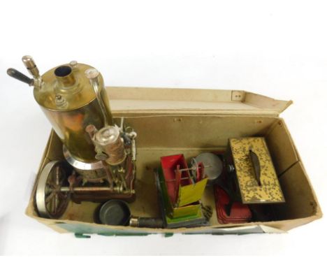A mid 20thC scratch built stationary steam pipe engine, with brass cylindrical chimney, 26cm high, a scratch built tin plate 