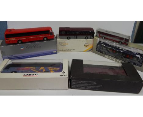 Various boxed diecast vehicles, buses etc., Mercedes Benz in purple colourway, 7cm high, Renault VI 1/43 scale, another by Li