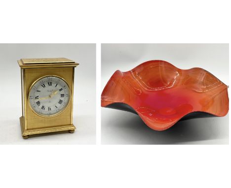 An Imhof gilt mantle clock along with a large art glass bowl