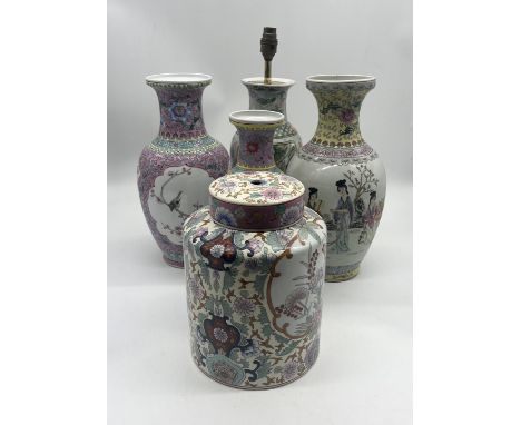 Three famille rose Chinese vases along with a similar lamp and a lidded jar 