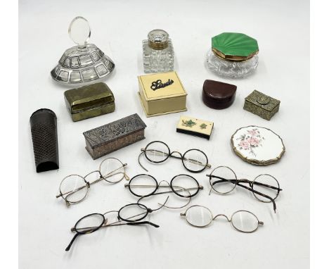 A collection of various items including cut glass powder pot with enamel lid, numerous vintage glasses, compact, stud pot, nu