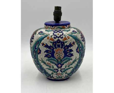 A Boch Freres Keramis Persian style converted vase lamp base with central floral motif - height 23cm