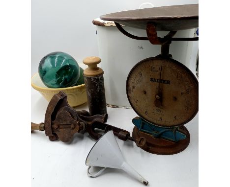 A collection of assorted vintage kitchenalia items to include enamel bread bin, Salter scales etc.