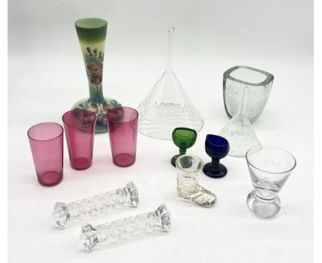 A collection of various glassware including etched glass vase (likely Orrefors), pair of cut glass knife rests, two glass fun