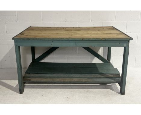 A plank top painted pine workbench with shelf under (some boards loose) - 92cm x 154cm x 84cm