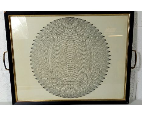 A Vintage pen and ink geometric spirograph picture mounted in a two handled tray, 66cm wide, 52cm high.