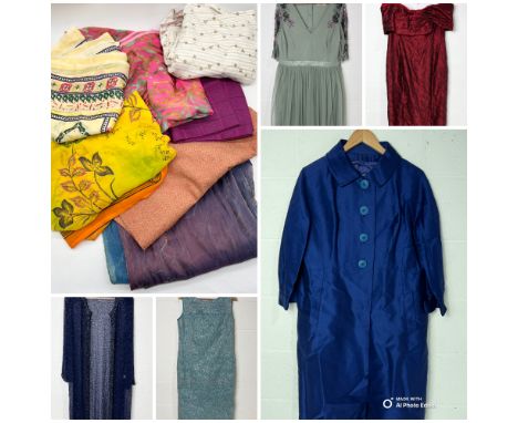 A collection of vintage clothing and material including Koupy Boutique silk coat, Blanes dress, Frank Usher beaded jacket, Vi