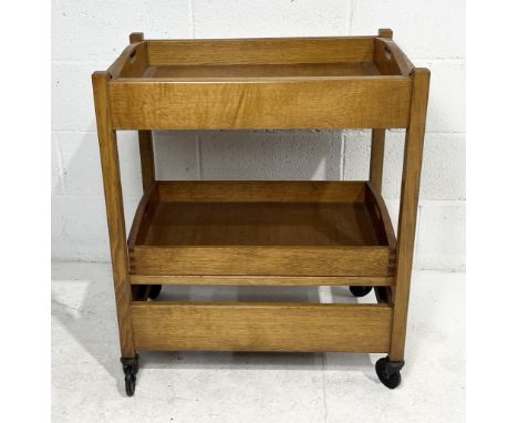 A mid-century light oak folding tea trolley with two inset trays - 42cm x 80cm x 69cm