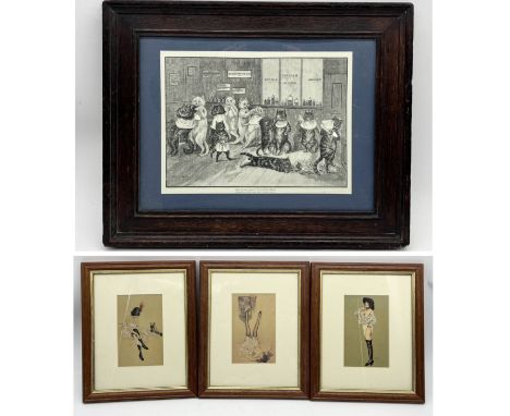 A framed Louis Wain print "What we may come to..." along with three smaller Raphael Kirchner prints