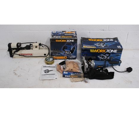 An Axminster Power Tools mini lathe, along with a boxed Workzone 1200w router and a boxed Workzone 900w biscuit jointer - unt
