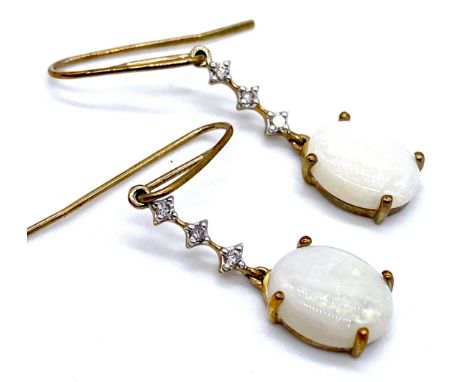A pair of 9ct gold opal and diamond drop earrings, 2.2g total weight.
