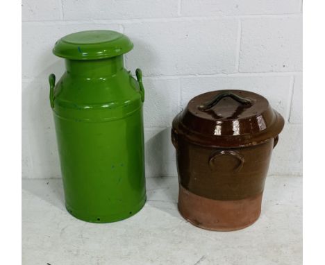 A green painted lidded milk churn, marked Dried Milk Products Ltd, Beaminster (local interest) - overall height 67cm, along w