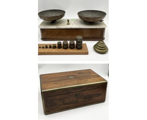 A Victorian rosewood writing slope with secret drawer along with a set of marble topped scales and set of weights